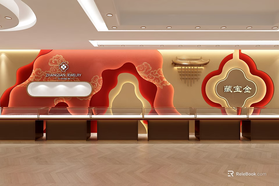 Luxury Jewelry Store Interior With Red Wall Cloud Patterns And Glass Display Counters For Gems 3d model 