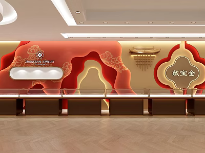 Luxury Jewelry Store Interior With Red Wall Cloud Patterns And Glass Display Counters For Gems 3d model