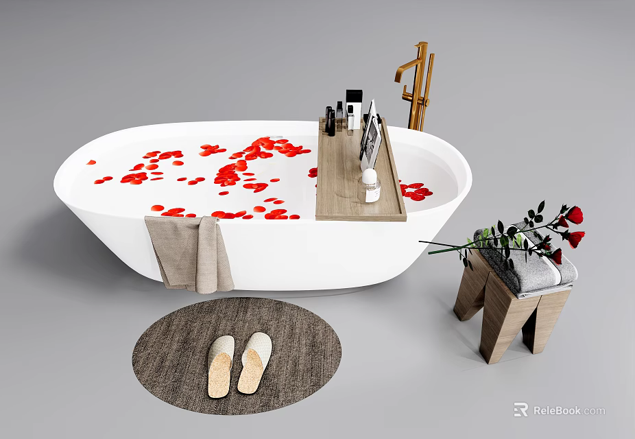 White Bathtub with Red Rose Petals Wooden Shelf Towel Mat Slippers Flower Vase 3d model 