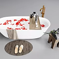 White Bathtub with Red Rose Petals Wooden Shelf Towel Mat Slippers Flower Vase