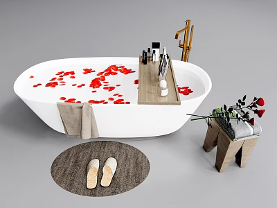White Bathtub with Red Rose Petals Wooden Shelf Towel Mat Slippers Flower Vase 3d model