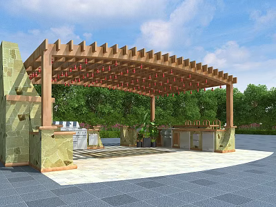 Outdoor Wooden Pergola Design With Beam Structure Bar Counter And Garden Greenery 3d model