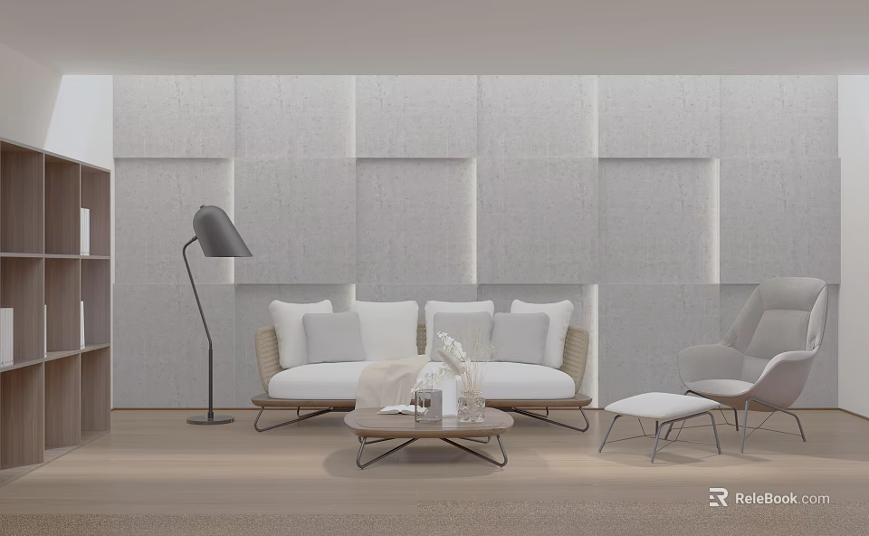 Minimalist Living Room Interior With White Sofa Coffee Table And Floor Lamp 3d model 