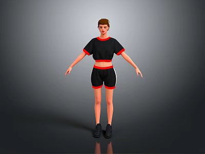 Child Wearing Black Short Sleeve Top And Black Shorts With Red Trim And Black Shoes 3d model