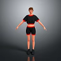 Child Wearing Black Short Sleeve Top And Black Shorts With Red Trim And Black Shoes 3d model