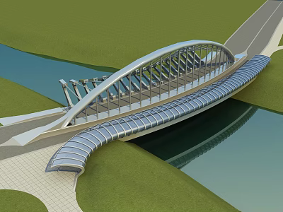 Modern Arch Bridge With Metal Frame Glass Covering Over River Green Landscape And Roads 3d model
