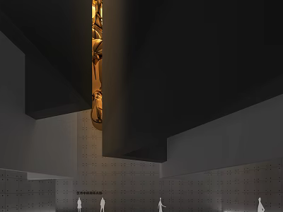 Exhibition Hall Modern Interior Design With Black Gold Sculptures And White Figures 3d model