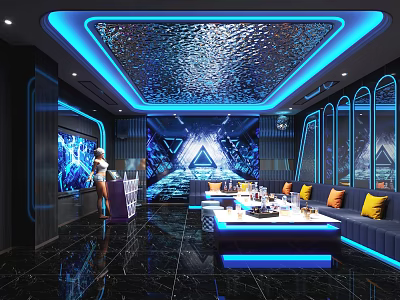 Modern KTV Interior Design With LED Lighting Digital Screens And Comfortable Sofa Seating 3d model
