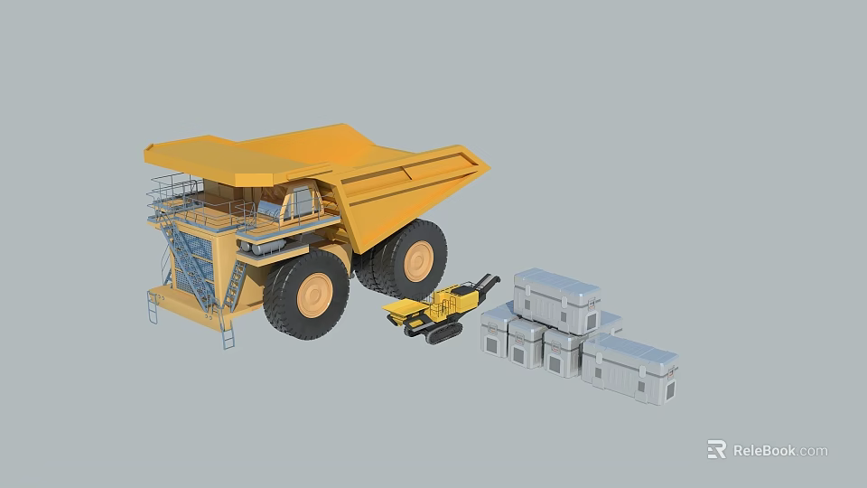 Yellow Heavy Duty Dump Truck With Small Loader And Cargo Containers 3d model 