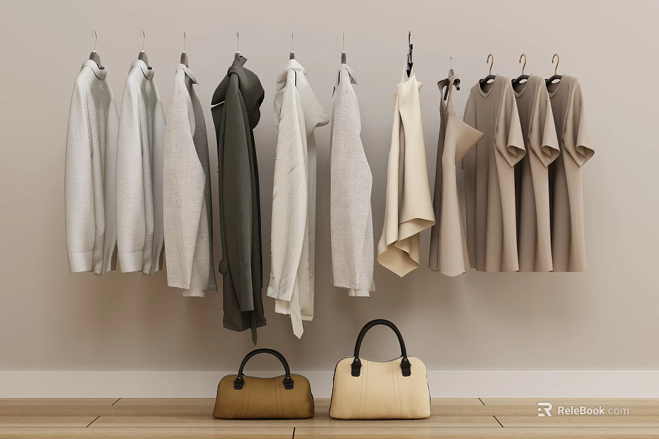 Neutral Toned Clothes In Various Styles Hanging On Wall With Handbags Below 3d model 