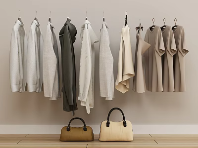 Neutral Toned Clothes In Various Styles Hanging On Wall With Handbags Below 3d model