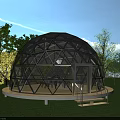 Transparent Glass Dome Glamping Guesthouse With Geometric Metal Frame Green Lawn And Trees