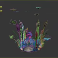 Colorful Aquarium Display With Purple Aquatic Plants Green Leaves Blue Decorations And Illuminated Base
