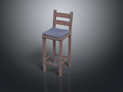 Simple Wooden Bar Stool with Backrest and Blue Padded Seat Design 3d model