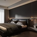 Modern Bedroom Interior With Dark Wall Black Bed White Curtains Nightstand Carpet And Wooden Floor