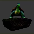 Vibrant Turtle Figurine With Colorful Shell Green Limbs And Head On Rock With Green Moss