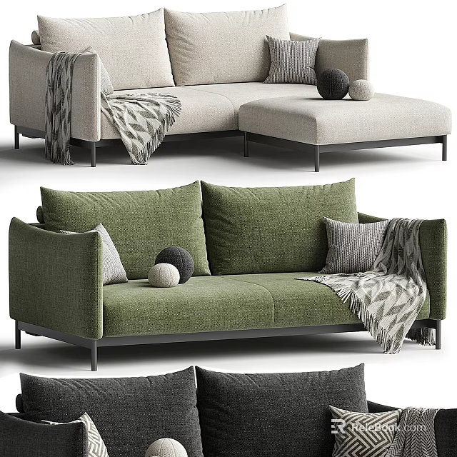 Modern Green Sectional Sofa With Soft Pillows And Knit Throw Blanket 3d model 