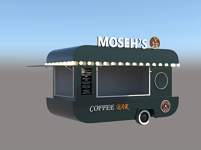 Mosehs Green Mobile Coffee Cart With Coffee Bar String Lights Menu Board And Round Window 3d model