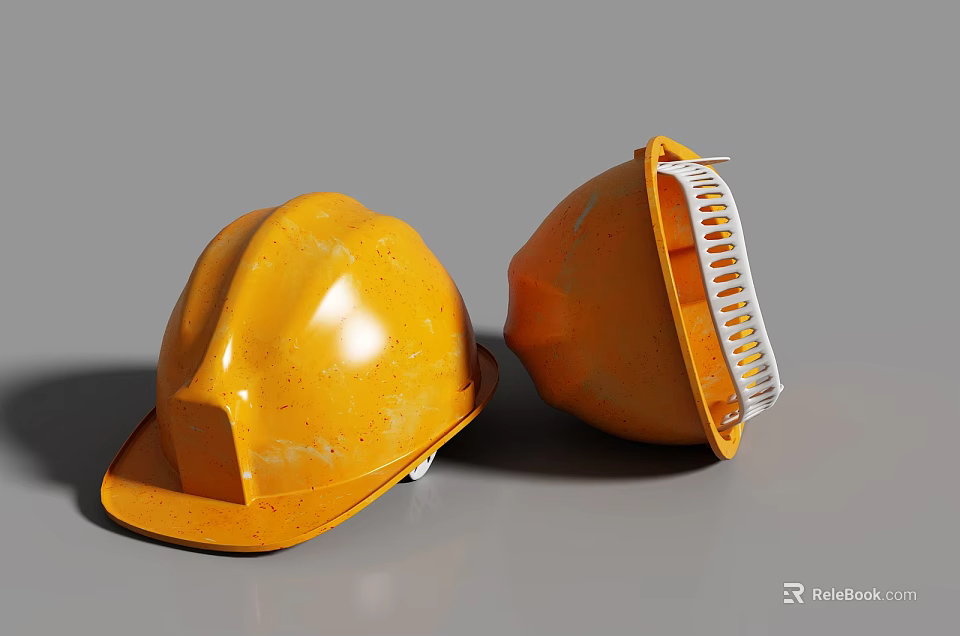 Two Orange Safety Helmets With Interior Lining On Gray Background 3d model 