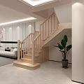 Modern Wooden Staircase in Light Colored Interior With Sofa Plant and Cabinet