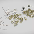 3D Rendered Various Plants Featuring Grass Shrubs Slender Branches And Clustered Leaves In Natural Landscape