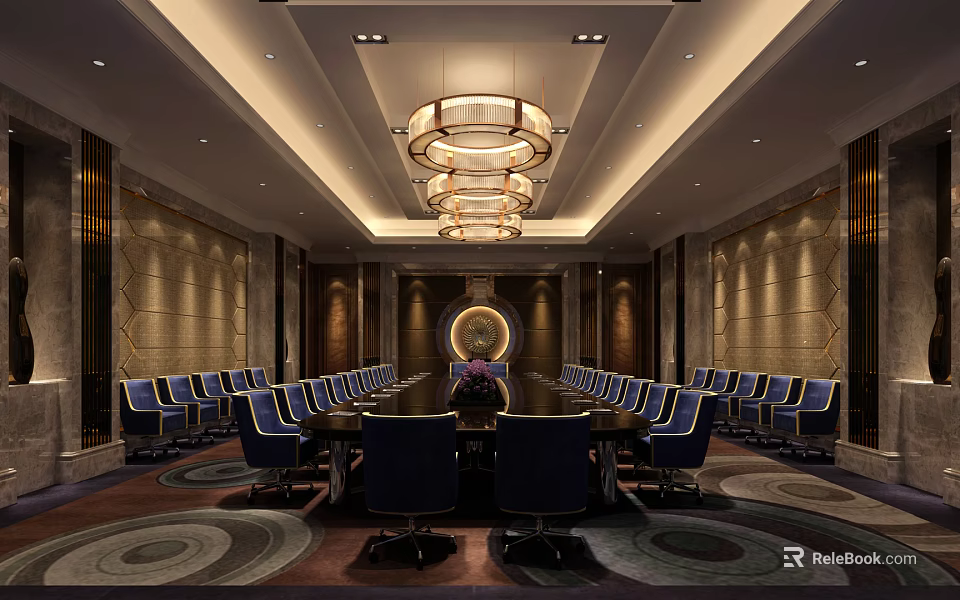 Luxurious Conference Room Interior With Long Table Blue Chairs Chandelier Decorative Walls And Carpet 3d model 