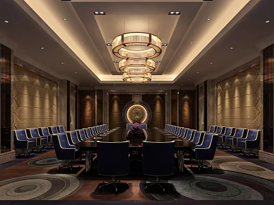 Luxurious Conference Room Interior With Long Table Blue Chairs Chandelier Decorative Walls And Carpet 3d model
