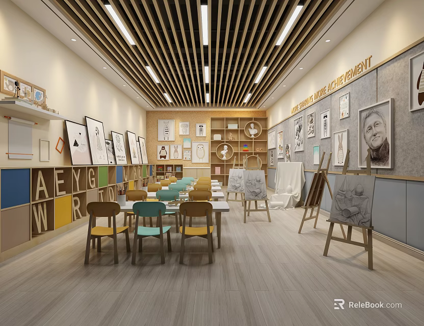 School Art Classroom With Easels Tables Chairs Wall Art And Letter Decorations 3d model 