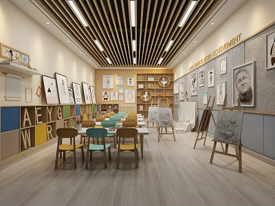 School Art Classroom With Easels Tables Chairs Wall Art And Letter Decorations 3d model