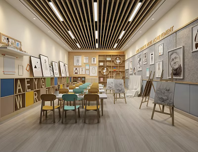 School Art Classroom With Easels Tables Chairs Wall Art And Letter Decorations 3d model