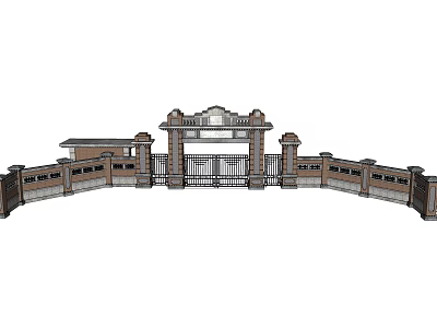 Classic Entrance Gate Design With Ornate Iron Gates Brick Columns And Curved Walls 3d model