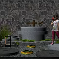 Serene Garden Courtyard With Stone Wall Fountain Lush Greenery Stepping Stones and Child Playing
