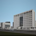 Modern Office Building Exterior With Glass Windows Stone Facade High Rise Structure And Lawn Area