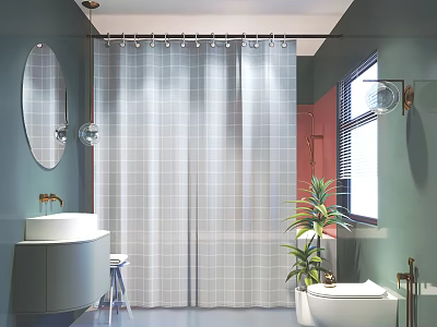 Modern Bathroom With Round Mirror Checkered Shower Curtain White Sink Toilet And Green Plant 3d model