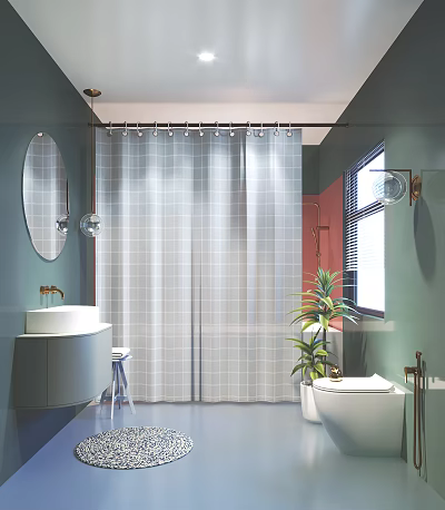Modern Bathroom With Round Mirror Checkered Shower Curtain White Sink Toilet And Green Plant 3d model