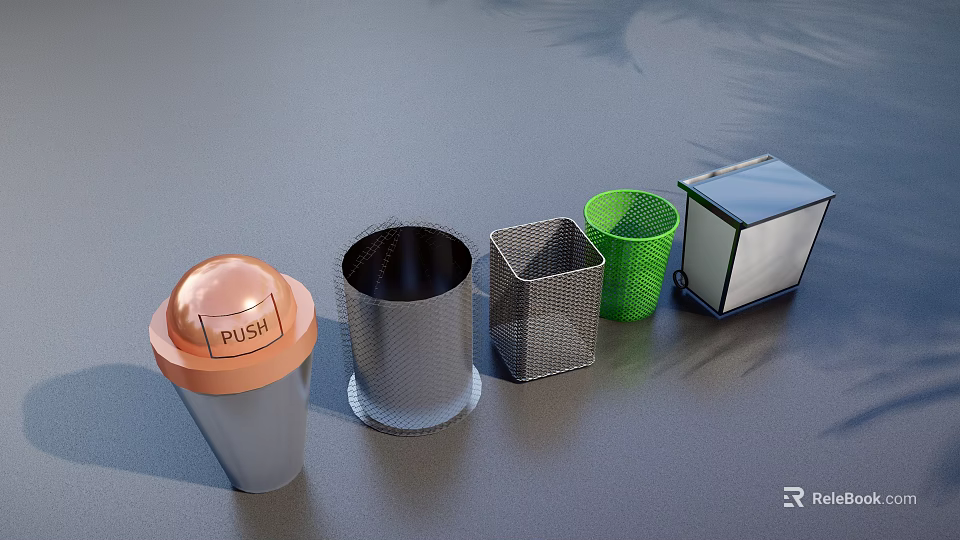 Public Facility Trash Bins Featuring Push Lids Mesh And Colored Containers 3d model