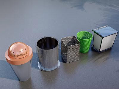 Public Facility Trash Bins Featuring Push Lids Mesh And Colored Containers 3d model