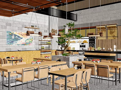 Cozy Restaurant Interior With Wooden Ceiling Brick Wall Hanging Lights And Plants 3d model