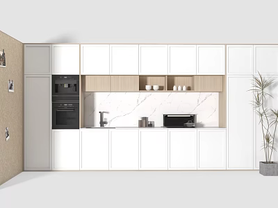Modern Kitchen Interior With White Cabinets Light Wood Upper Countertop Appliances And Plant 3d model