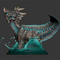Detailed Fantasy Creature 3D Sculpture With Horned Head And Glowing Blue Liquid Base