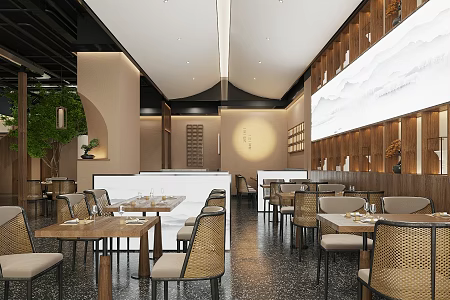 New Chinese Restaurant Dining Table and Chair Combination Bamboo Chair Chinese Chandelier Chinese Restaurant Tea Restaurant Vegetarian Restaurant Tea House 3d model