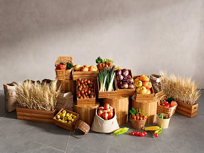 Assorted Fresh Fruits Displayed in Wooden Crates Baskets and Sacks with Apples Oranges 3d model