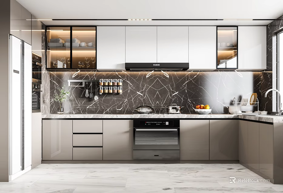 Modern Open Kitchen Interior Design With Marble Countertop Cabinets And Appliances 3d model 