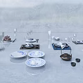 Elegant Tableware Set With Blue White Pattern Dinner Plates Cups And Teapot On Marble Table 3d model