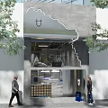 Modern Industrial Milk Tea Shop Interior With Gray Concrete Walls Blue Fabric And Pendant Lights