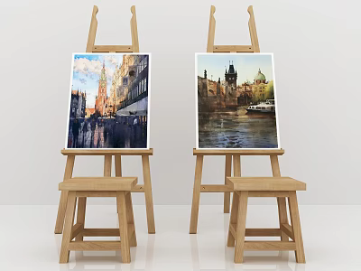 Vibrant Cityscape Paintings On Wooden Easels With Buildings And River View 3d model