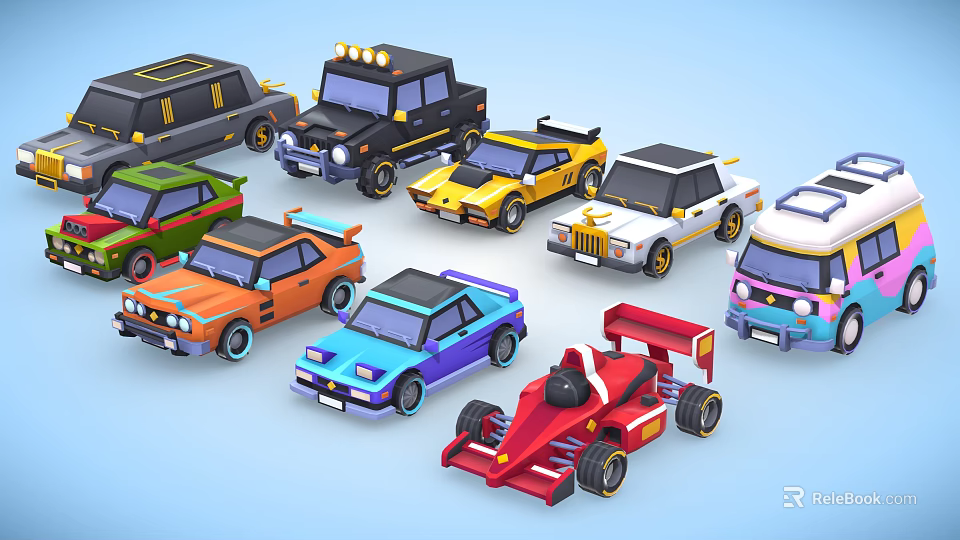 Colorful Cartoon Style Cars Including SUVs Race Cars And Vintage Models In Vibrant Hues 3d model 
