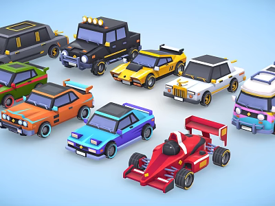 Colorful Cartoon Style Cars Including SUVs Race Cars And Vintage Models In Vibrant Hues 3d model