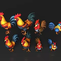Colorful Flying Animals Roosters in Various Poses with Bright Feather Features