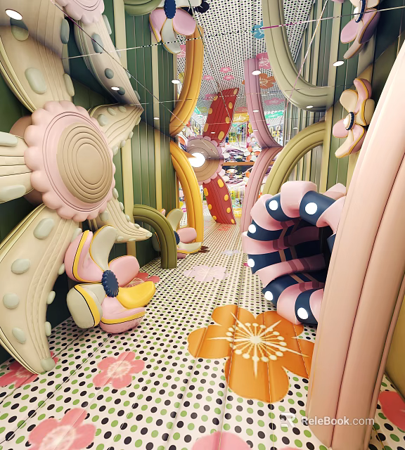 Vibrant Office Hallway With Flower Shaped Decorations Curved Arches And Colorful Floral Floor Patterns 3d model 